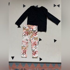 Carters|Baby girl/toddler Black Long Sleeve Top & coral Floral Leggings Set•3T
